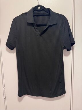 Men’s Medium Black Ribbed Knit Short Sleeve Polo Shirt Open Collar Slim Fit